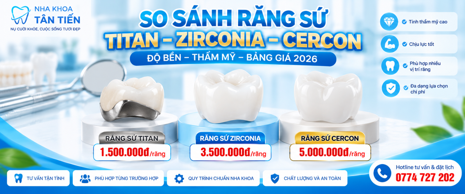 So Sánh Răng Sứ Titan, Zirconia, Cercon – Giá 2026